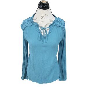 St. John's Bay Womens Blouse Sz Medium Long Sleeve Teal Boho Peasant Cottagecore